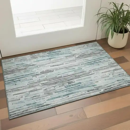 Teal Gray And Silver Striped Washable Area Rug With UV Protection Photo 2