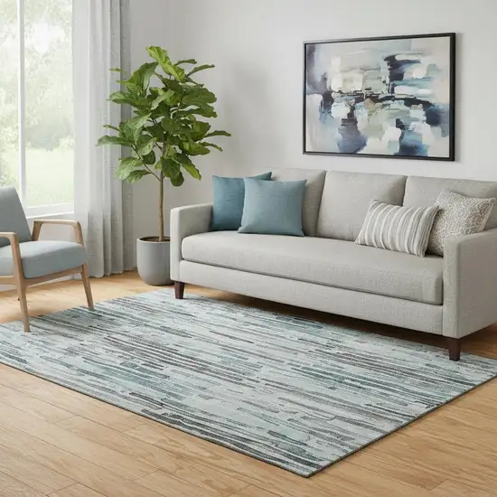 Teal Gray And Silver Striped Washable Area Rug With UV Protection Photo 2