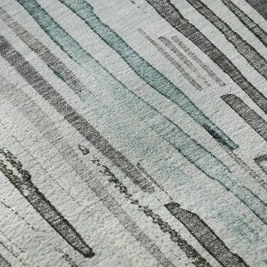 Teal Gray And Silver Striped Washable Area Rug With UV Protection Photo 9