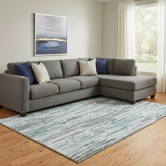 Teal Gray And Silver Striped Washable Area Rug With UV Protection Photo 2