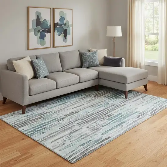 Teal Gray And Silver Striped Washable Area Rug With UV Protection Photo 2
