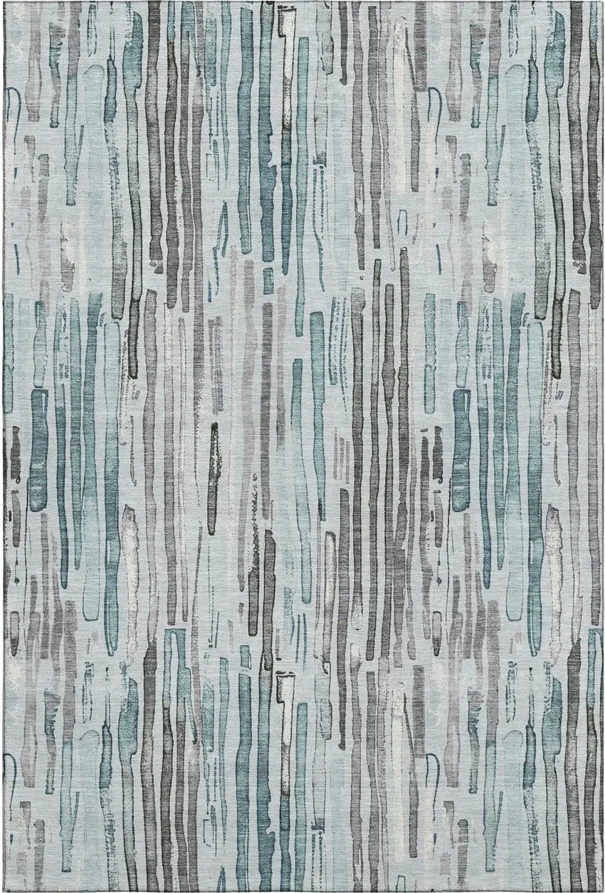 Teal Gray And Silver Striped Washable Area Rug With UV Protection Photo 1