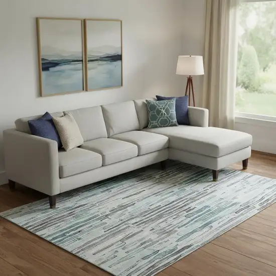 Teal Gray And Silver Striped Washable Area Rug With UV Protection Photo 2