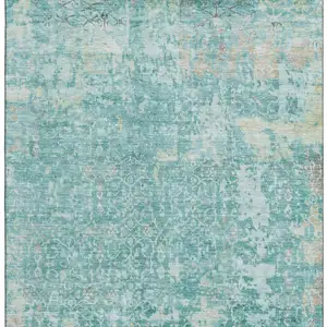 Photo of Teal Gray And Taupe Oriental Washable Area Rug With UV Protection