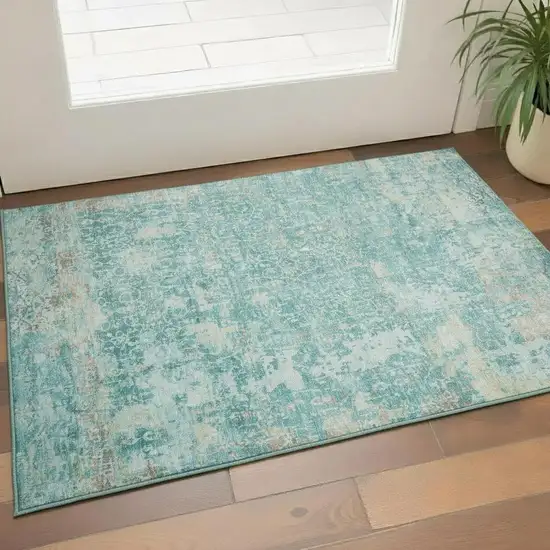 Teal Gray And Taupe Oriental Washable Area Rug With UV Protection Photo 2