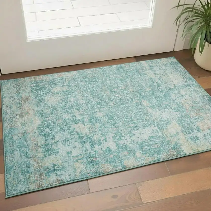 Teal Gray And Taupe Oriental Washable Area Rug With UV Protection Photo 2