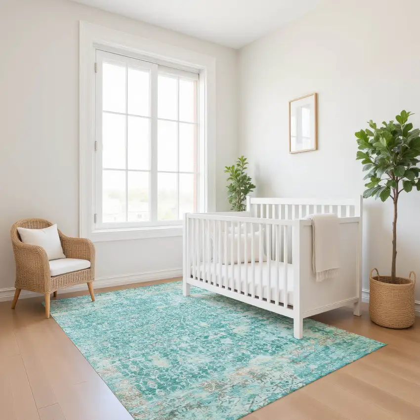 Teal Gray And Taupe Oriental Washable Area Rug With UV Protection Photo 5