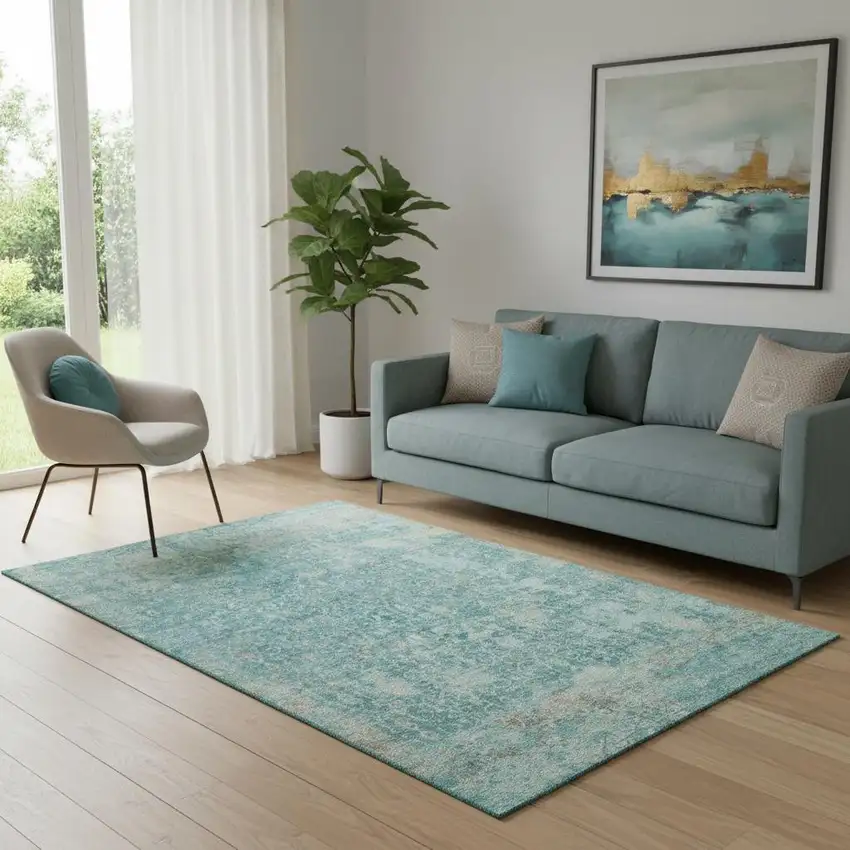 Teal Gray And Taupe Oriental Washable Area Rug With UV Protection Photo 2
