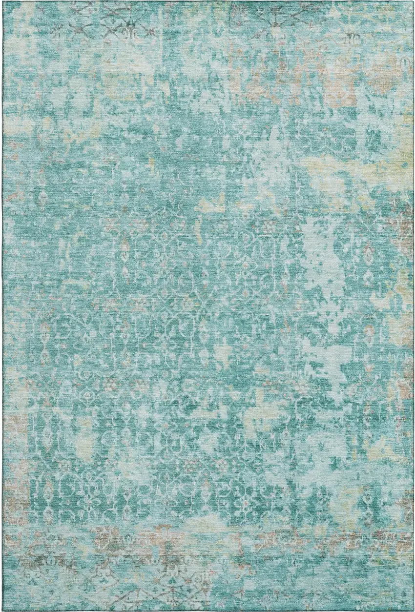 Teal Gray And Taupe Oriental Washable Area Rug With UV Protection Photo 1