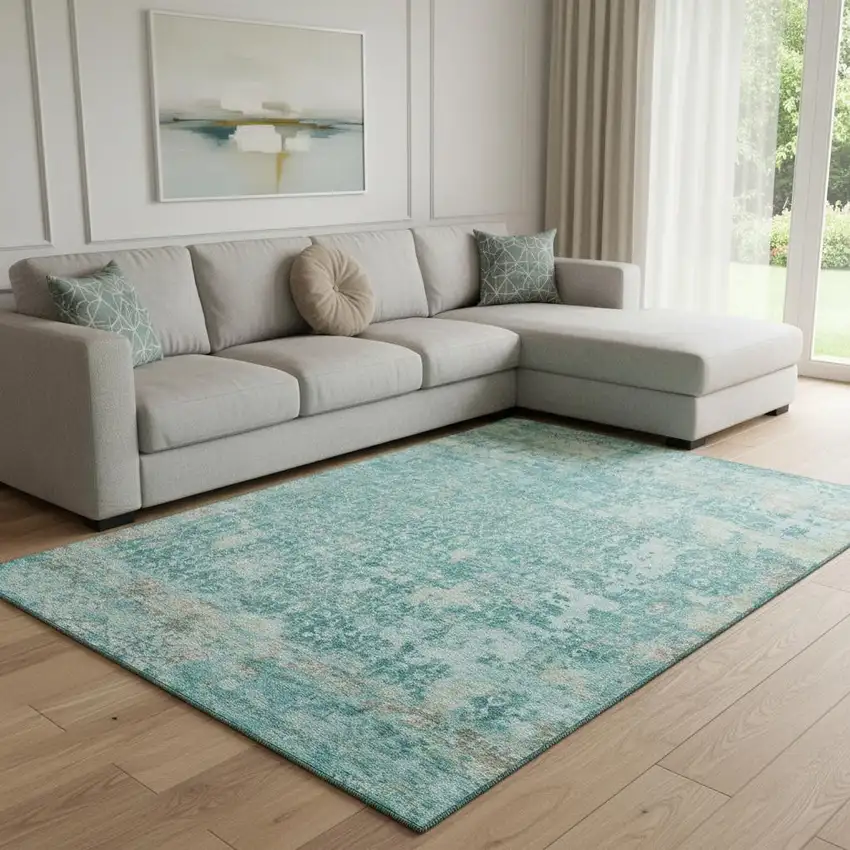 Teal Gray And Taupe Oriental Washable Area Rug With UV Protection Photo 2