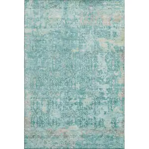 Photo of Teal Gray And Taupe Oriental Washable Area Rug With UV Protection