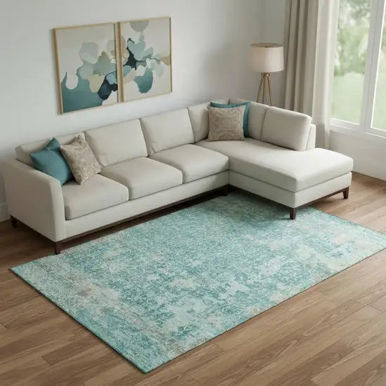Teal Gray And Taupe Oriental Washable Area Rug With UV Protection Photo 2