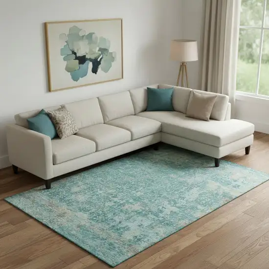 Teal Gray And Taupe Oriental Washable Area Rug With UV Protection Photo 2