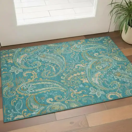 Teal Green And Gold Paisley Washable Area Rug With UV Protection Photo 1