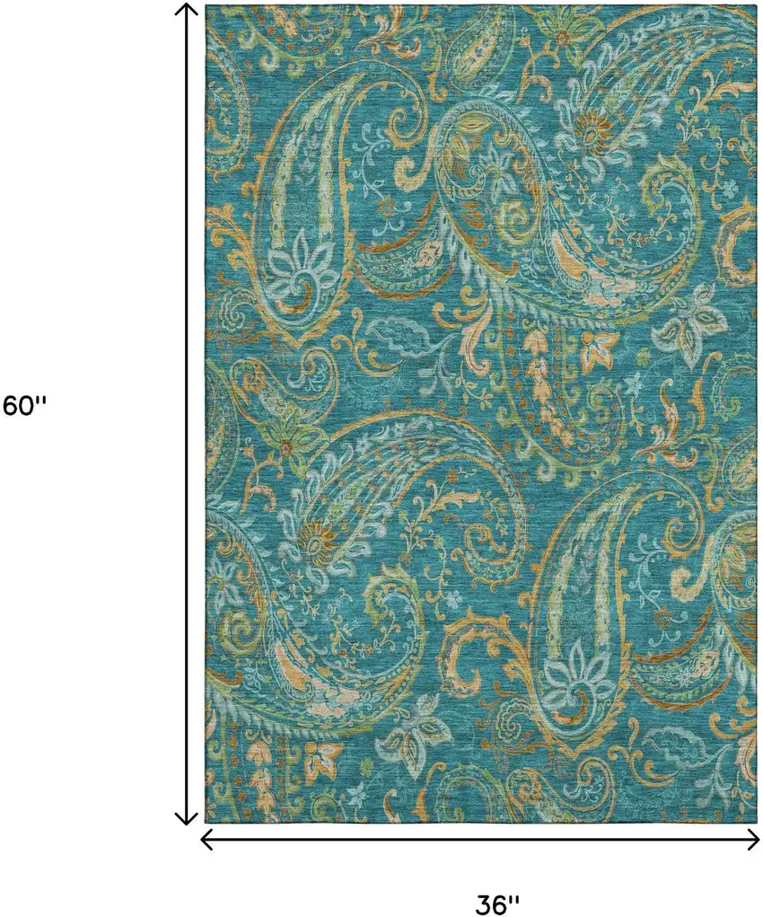 Teal Green And Gold Paisley Washable Area Rug With UV Protection Photo 3