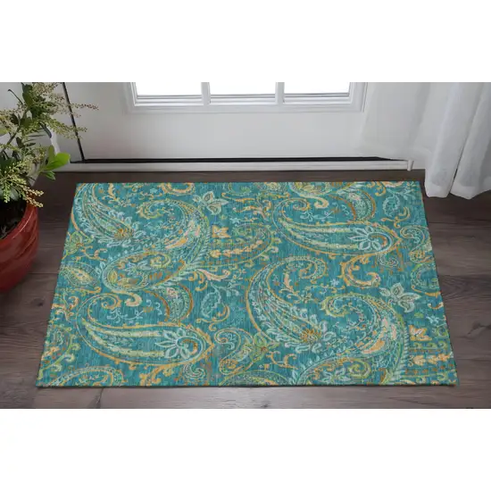 Teal Green And Gold Paisley Washable Area Rug With UV Protection Photo 2