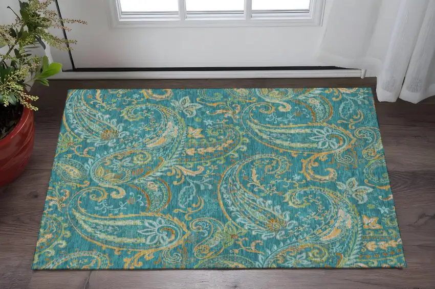 Teal Green And Gold Paisley Washable Area Rug With UV Protection Photo 2