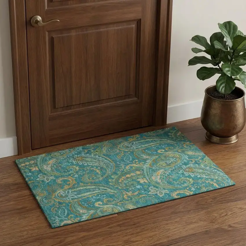Teal Green And Gold Paisley Washable Area Rug With UV Protection Photo 1