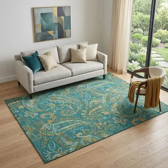 Teal Green And Gold Paisley Washable Area Rug With UV Protection Photo 1