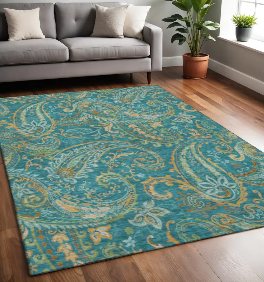 Teal Green And Gold Paisley Washable Area Rug With UV Protection Photo 2