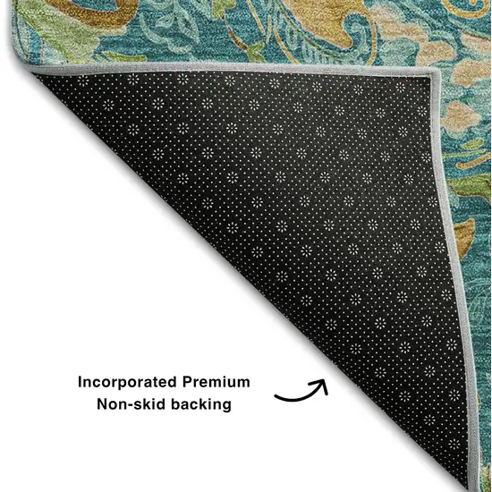 Teal Green And Gold Paisley Washable Area Rug With UV Protection Photo 6
