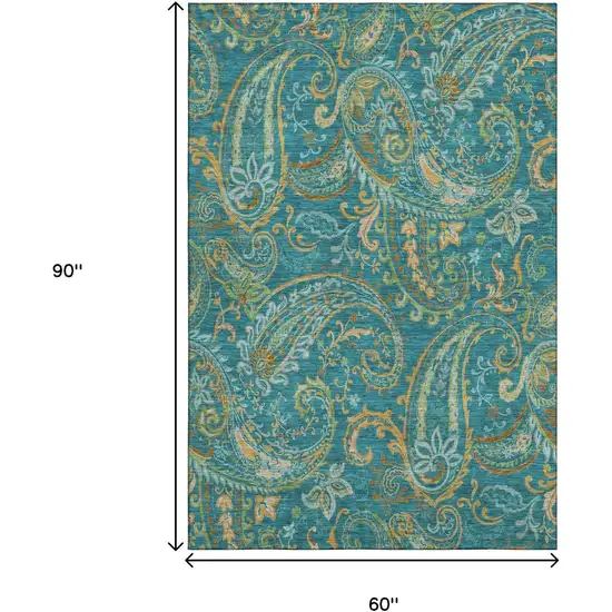 Teal Green And Gold Paisley Washable Area Rug With UV Protection Photo 9