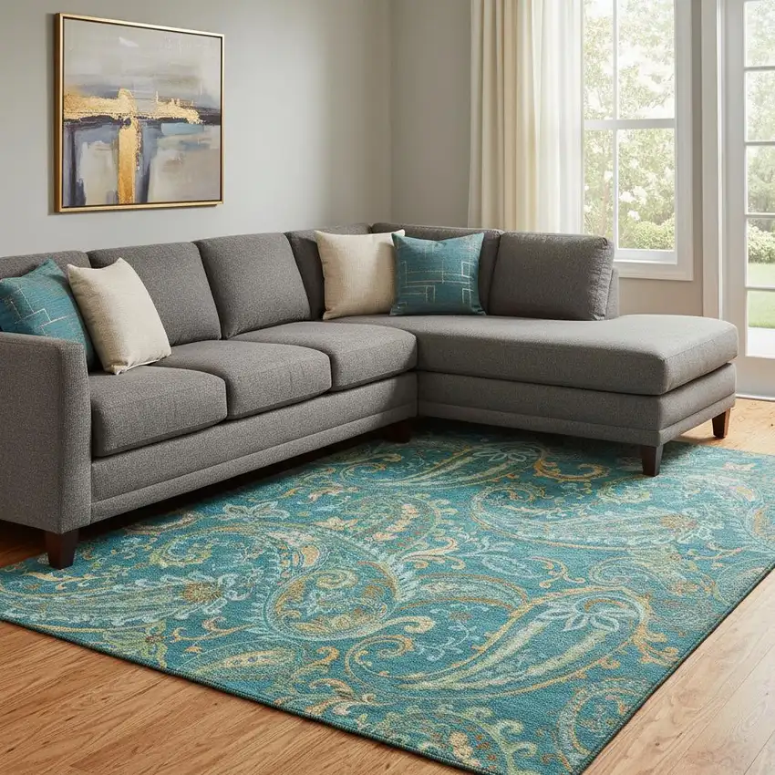 Teal Green And Gold Paisley Washable Area Rug With UV Protection Photo 1