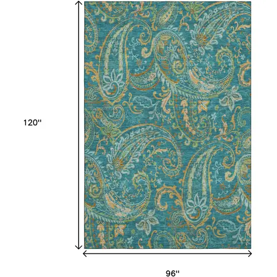 Teal Green And Gold Paisley Washable Area Rug With UV Protection Photo 3
