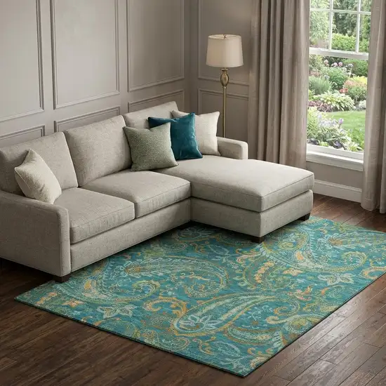 Teal Green And Gold Paisley Washable Area Rug With UV Protection Photo 1