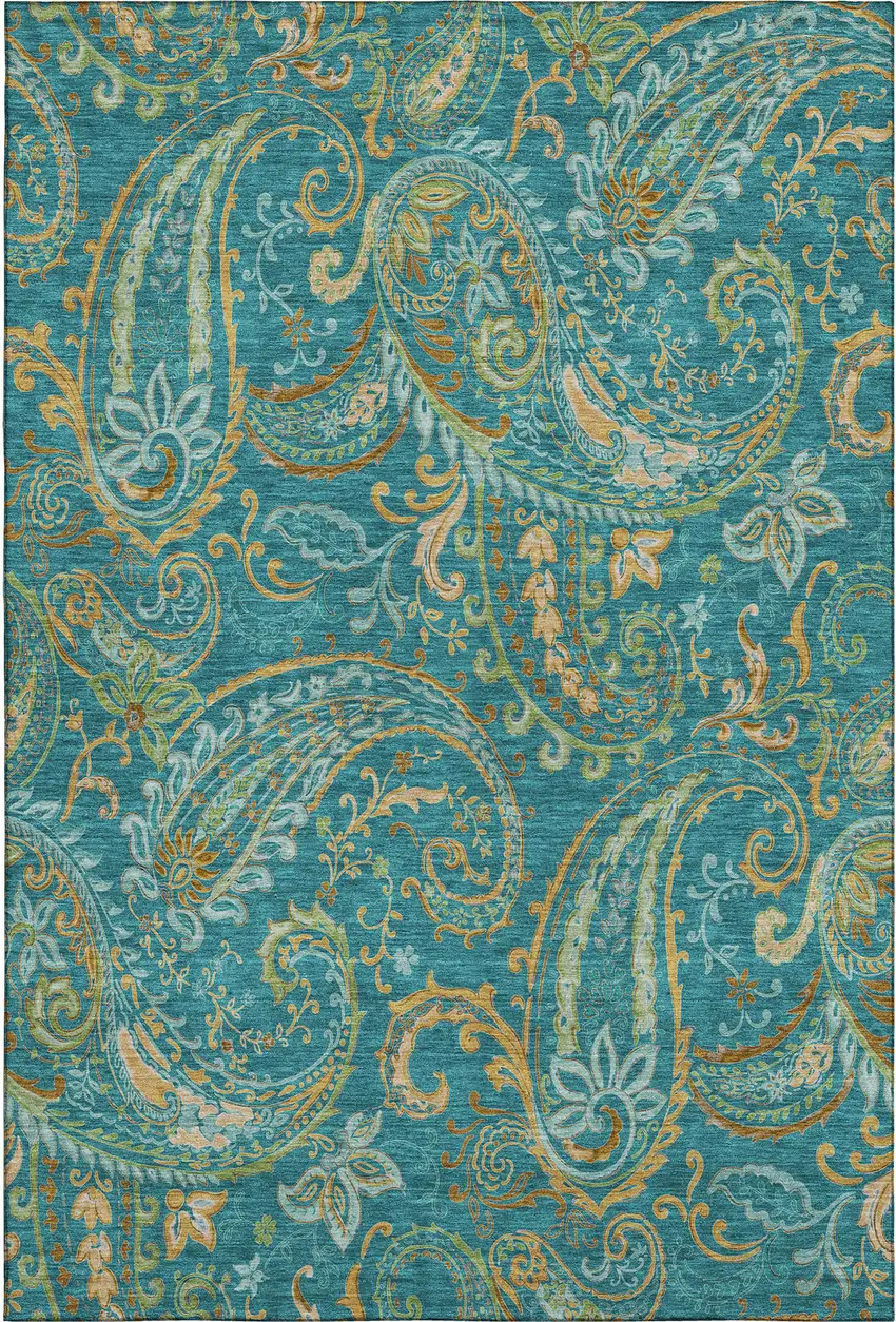 Teal Green And Gold Paisley Distressed Washable Area Rug With UV Protection Photo 2