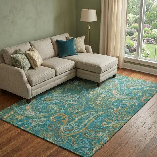 Teal Green And Gold Paisley Distressed Washable Area Rug With UV Protection Photo 1