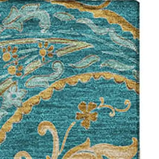 Teal Green And Gold Paisley Distressed Washable Area Rug With UV Protection Photo 3