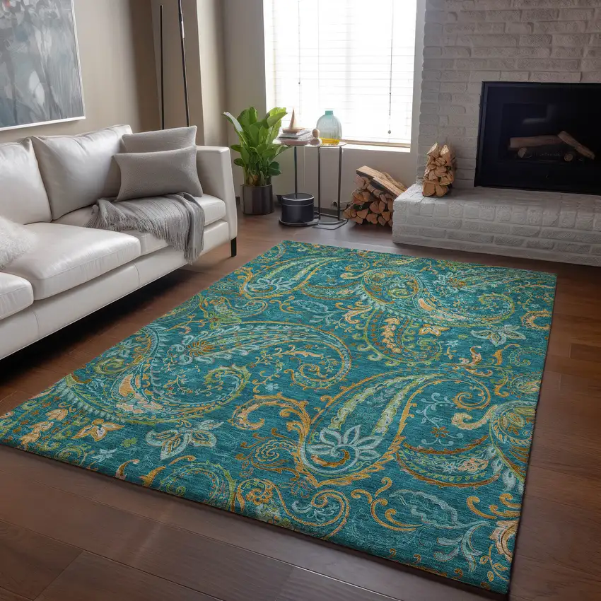 Teal Green And Gold Paisley Distressed Washable Area Rug With UV Protection Photo 5