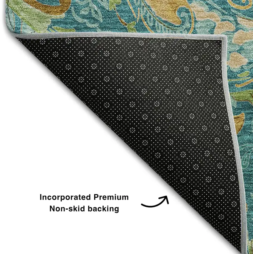 Teal Green And Gold Paisley Distressed Washable Area Rug With UV Protection Photo 6