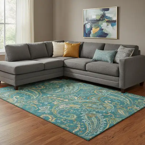 Teal Green And Gold Paisley Washable Area Rug With UV Protection Photo 1