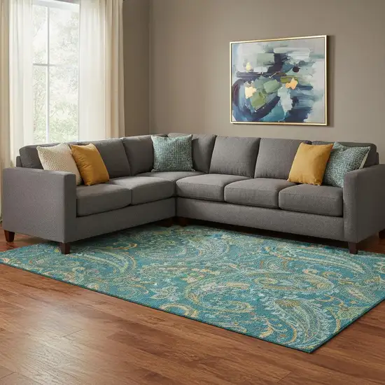 Teal Green And Gold Paisley Washable Area Rug With UV Protection Photo 3