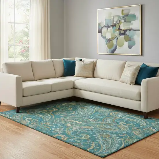 Teal Green And Gold Paisley Washable Area Rug With UV Protection Photo 1