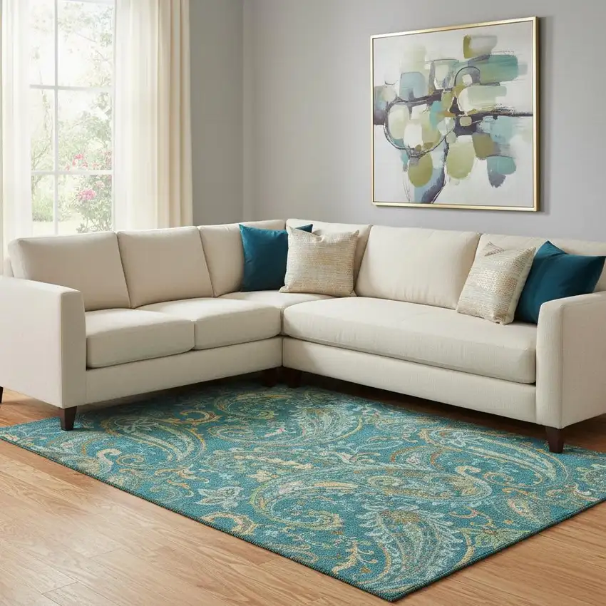 Teal Green And Gold Paisley Washable Area Rug With UV Protection Photo 1