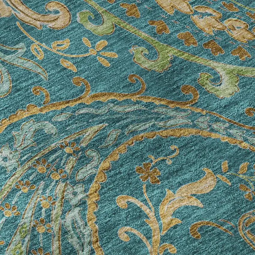 Teal Green And Gold Paisley Distressed Washable Area Rug With UV Protection Photo 9