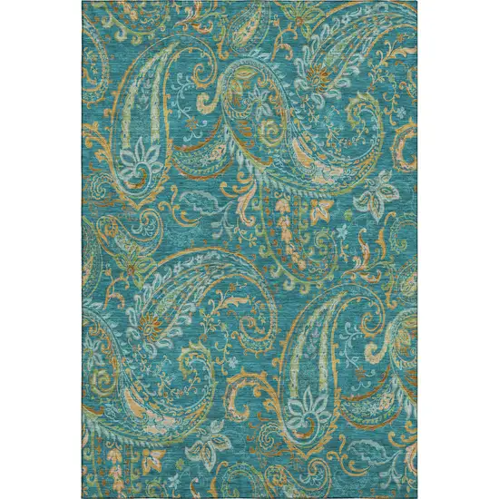 Teal Green And Gold Paisley Distressed Washable Area Rug With UV Protection Photo 2