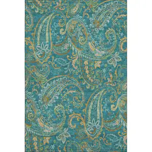 Photo of Teal Green And Gold Paisley Washable Area Rug With UV Protection