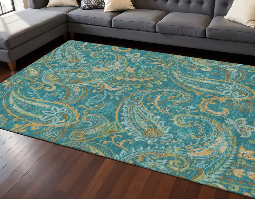 Teal Green And Gold Paisley Washable Area Rug With UV Protection Photo 2
