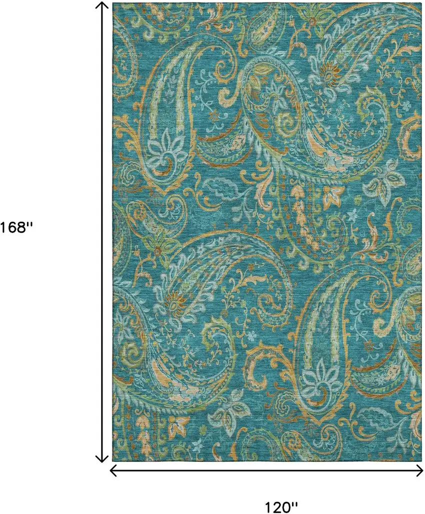 Teal Green And Gold Paisley Washable Area Rug With UV Protection Photo 3
