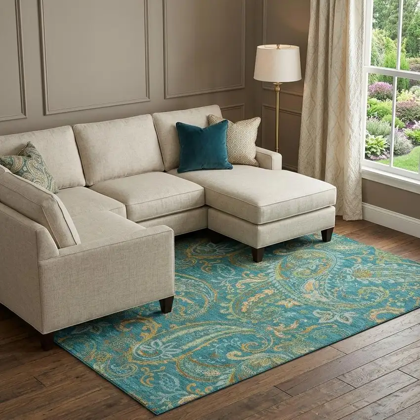 Teal Green And Gold Paisley Distressed Washable Area Rug With UV Protection Photo 1