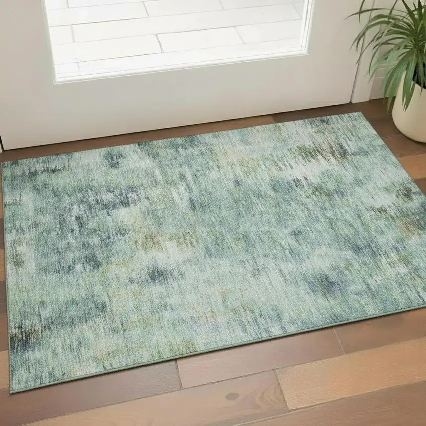 Teal Green And Ivory Abstract Washable Area Rug With UV Protection Photo 2