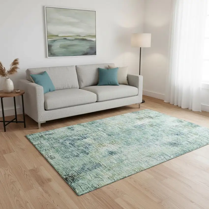 Teal Green And Ivory Abstract Washable Area Rug With UV Protection Photo 2