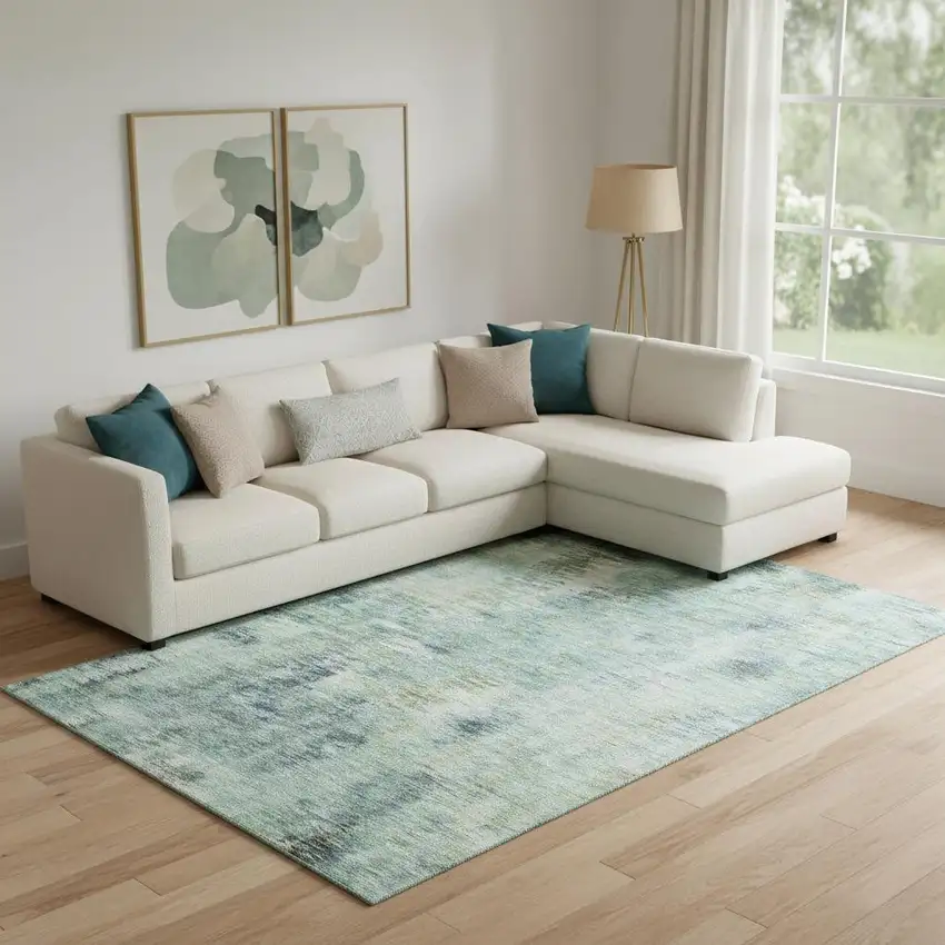 Teal Green And Ivory Abstract Washable Area Rug With UV Protection Photo 1