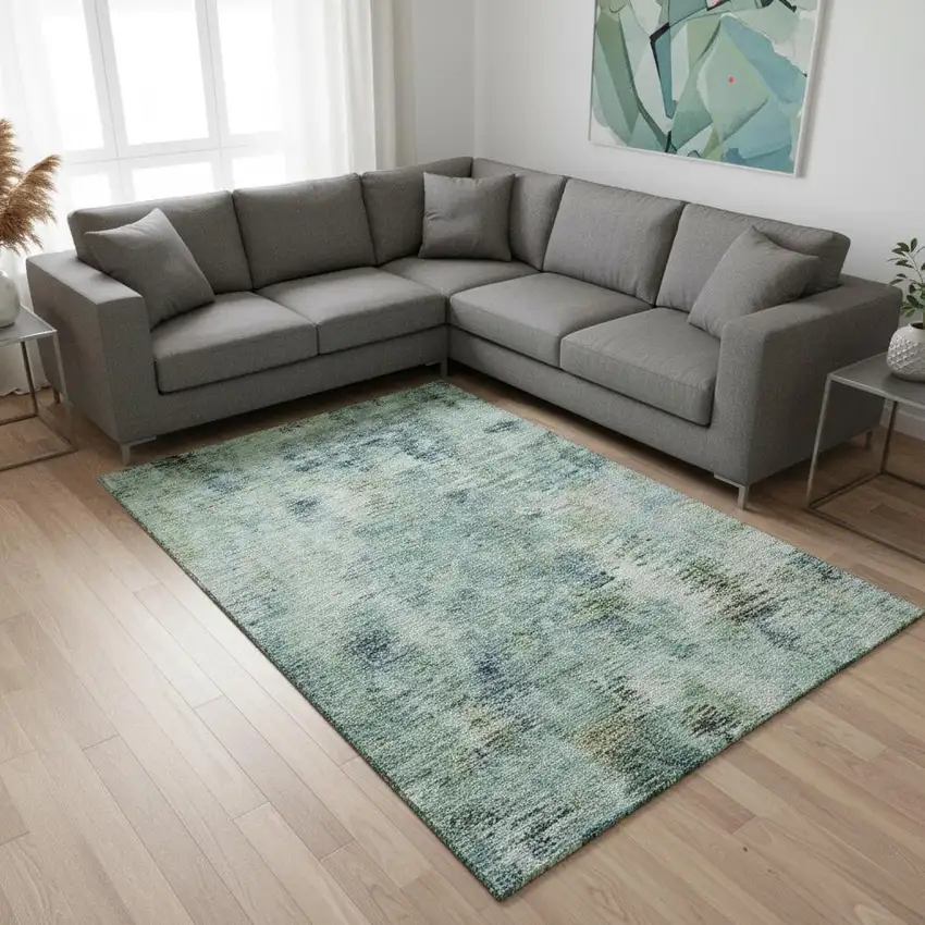 Teal Green And Ivory Abstract Washable Area Rug With UV Protection Photo 2
