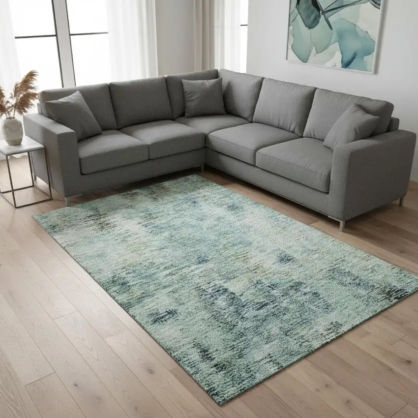 Teal Green And Ivory Abstract Washable Area Rug With UV Protection Photo 2