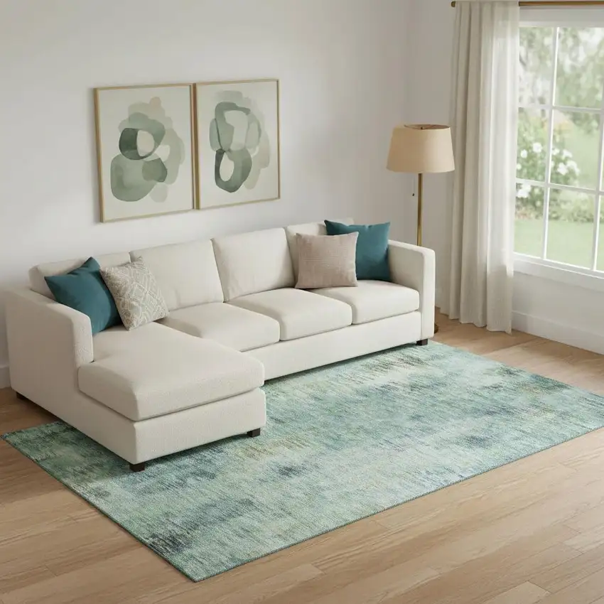 Teal Green And Ivory Abstract Washable Area Rug With UV Protection Photo 1